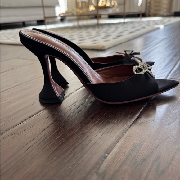 Amina Muaddi Rosie Embellished Bow Satin Pedestal Sandals - Picture 8 of 10